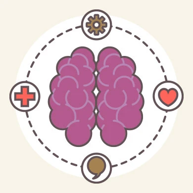 Illustration mit Gehirn zwischen Icons zur Kategorie Systemische Therapie